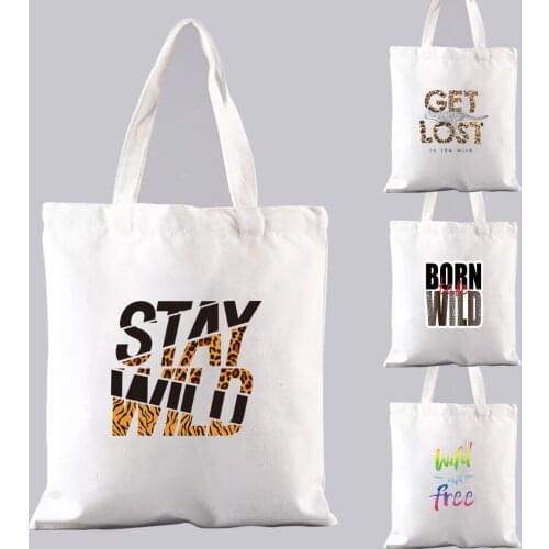 Women Canvas Shopping Bags Tote Personality WILD Letters Leopard Print Grocery Shoulder Bag Handbag Reusable Eco Shopper Bags