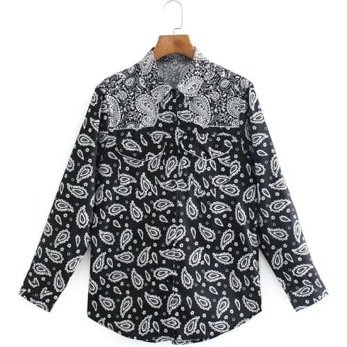 Ladies Fashion Black Shirt Long Sleeve Lapel Top National Style Retro Shirt Printed Blouse
