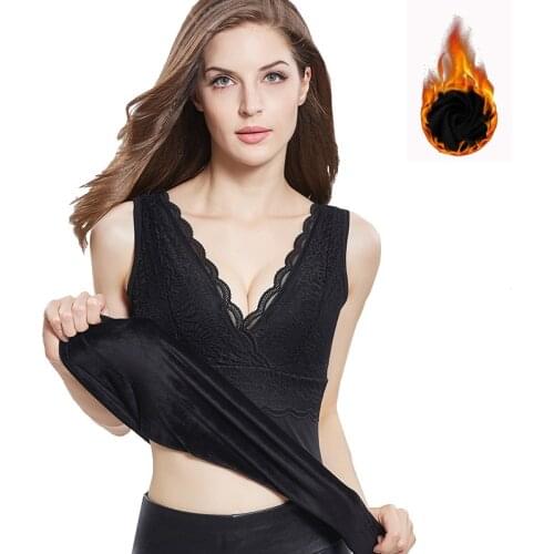 KYLIE PINK Women Thermal Cami Tank Tops Winter Warm Slim Shape Deep V Plus Size XL-5XL Underwear Lace Corset Velvet Camisole