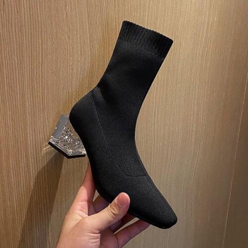 QZYERAI New style black Ankle boots Female boots Crystal with Womens boots Autumn winter socks Women shoes Size 34-40