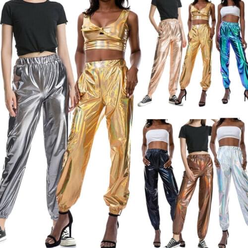 Women stretch pants plus size sweatpants Metallic Shiny Jogger Pants Casual High Waist Holographic Color Trouser ropa mujer