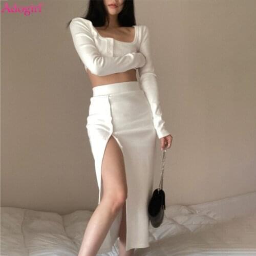 Adogirl Solid Knitted Ribbed Two Piece Dress Sets Women Sexy Buttoned Suit Autumn Long Sleeve Crop Top High Split Maxi Skirts
