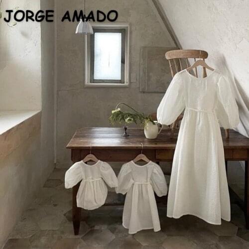 2021 New Summer Family Matching Sets Solid Color Puff Sleeves Bodysuit Dress with Sashes Mother Daughter Matching Outfits E1106