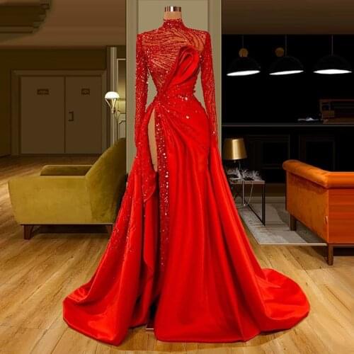 Red Evening Dress with Long Sleeves 2020 Illusion High Split Side Beaded Sexy Prom Gown Long Party Dresses Robe De Soiree