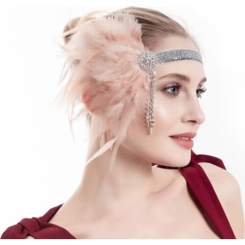 1920s Gatsby Flapper Feather Hair Headband 20s Accessories Crystal Beaded Wedding Party Champagne Headpiece