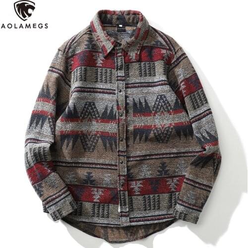 Aolamegs Men Shirt Geometric Tree Graphic Print Full Sleeve Thick Autumn Shirts Casual Cozy Vintage Harajuku Hip Hop Streetwear