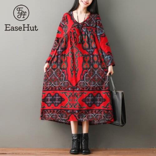 EaseHut Women Cotton Linen Dress Ethnic Print Long Sleeve Dresses New Autumn Baggy Casaul Loose Midi Dress vestidos Robe Femme