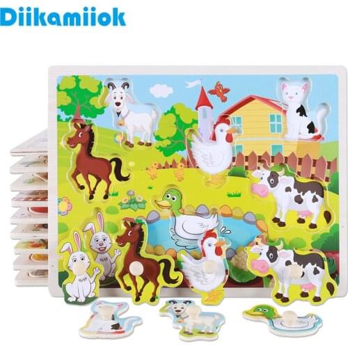 Hot Baby Early Educational Toys Hand Grasp Wooden Jigsaw Puzzle Alphabet Animals Learning Children Wood Toy 3D Puzzles for Kids