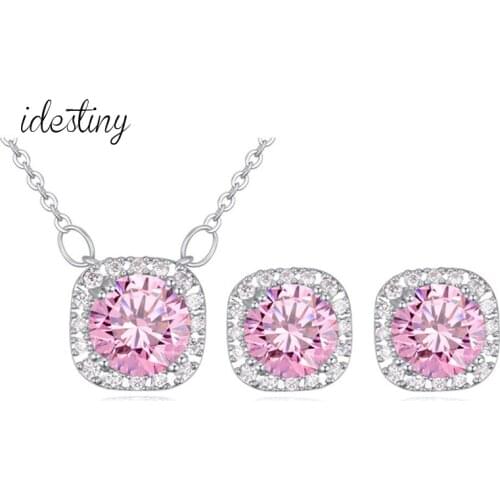 11.11 Sale AAA Cubic Zirconia Jewelry Set for Girls Fashion Brand Square Design Necklace and Stud Earings Women Jewelery Gift