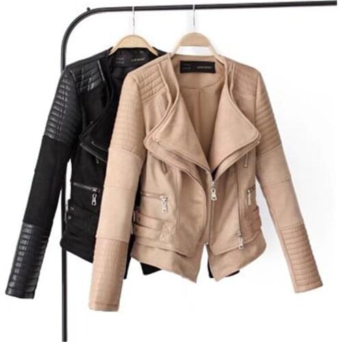Faux Leather Suede Splice Women Jacket Top Black PU Motorcycle Zippers Female Coat Spring Autumn Solid Casual Lady Outerwear 979