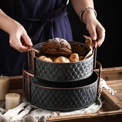 European Retro Handcrafted Metal Fruit Bread Basket Round Vintage Storage Basket Kitchen Decorative Serving Tray With Handle