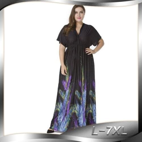 New womens clothing print v-neck dresses womens dresses european dresses plus size l-7xl full dress ankle-length 5217