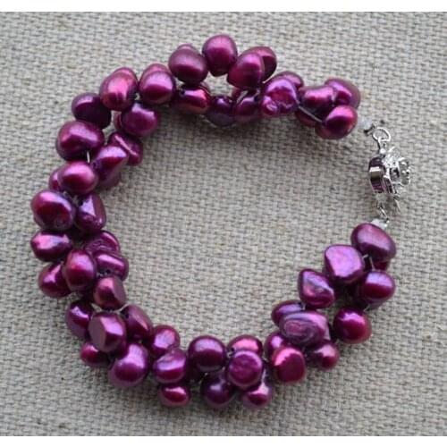 Newest Twisted Pearl Bracelet,7inches 6-7mm Baroque Amaranth Color Freshwater Pearl Bracelet,Flower Clasp