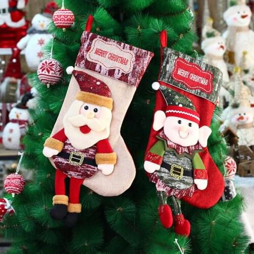 2022 New Year Gift Bag Christmas Socks with Snowman Elk Bear Print Christmas Candy Gift Bag Fireplace Christmas Tree Decoration