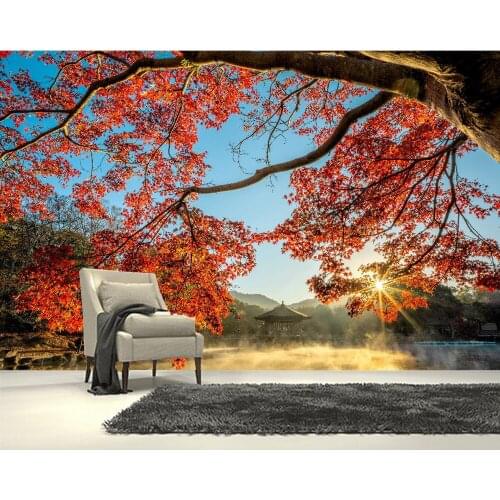 Papel de parede Autumn Pond Pagodas Rays of light Fog Maple Natural landscape 3d wallpaper mural,living room bedroom home decor