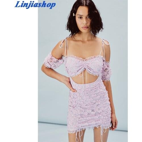 Sexy summer dress women backless spaghetti straps hollow out purple floral print pleated mini dress ladies vestidos