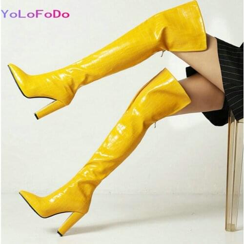 Blue Yellow Beige Women Over the Knee Boots High Quality Autumn Winter Thigh Boots Square High Heel Pointed Toe Women Long Boots