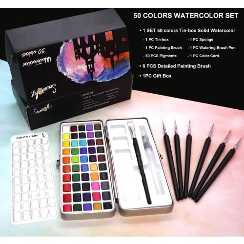 SeamiArt 50Color Solid Watercolor Paint Set Portable Metal Box Watercolor Pigment for Beginner Drawing Watercolor Paper Supplies