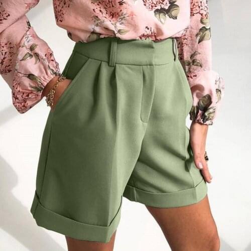 Office 2021 Women Suit Shorts High waist Solid Color Zipper Elegant Straight Leg Pockets Office Lady Crimping Shorts