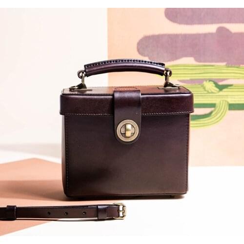 WOONAM Handmade Bag Retro Handbag Natural Genuine Cowhide Leather Hard Small Box Flap Shoulder Bag WB459