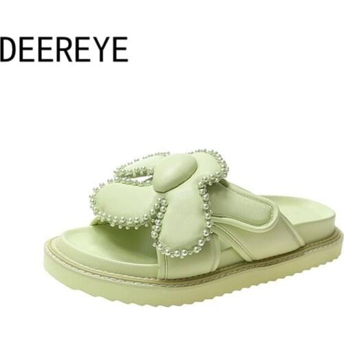 Comfortable Women Cute Flat Slide Pearl Flower Slippers Mules Thick Bottom Round Open Toe Casual Outdoor Beach No-Slip Sandals