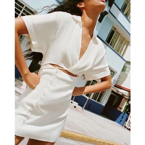 ZA 2021 Summer Women Hollow Out Dress New Turn Down Collar Dresses Lady Party Vestido Elegant Girls Bandage Causal Outfits