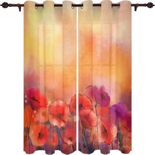 Watercolor Poppy Flowers Window Curtains Kids Room Living Room Curtain Panels Valance Curtains for Kitchen