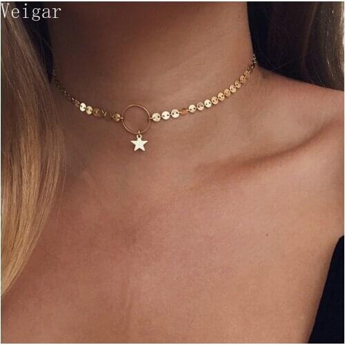 Summer Simple Style Women Sequined Clavicle Chain Gold/Silver Plated Star Necklaces & Pendants Bijoux Femme Collier Ras Du Cou