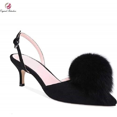 Women Black Flock High Heels Sandals Pointed Toe Thin Heels Ankle Strap Buckle Strap Casual Party Woman Sandals Large Size 35-43