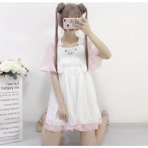 Summer new womens 2018 sweet Japanese long cartoon embroidery dress high waist was thin Lolita Dress
