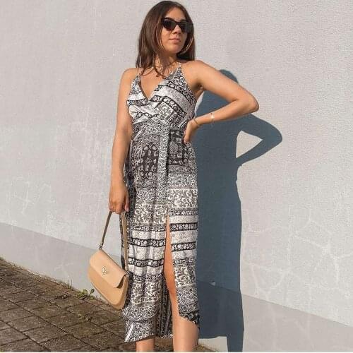 XEASY 2021 Women Retro Printing Spaghetti Dress Vintage Sexy V-Neck Backless Ladies Dress Female Split Fork Mid-Length Dresses