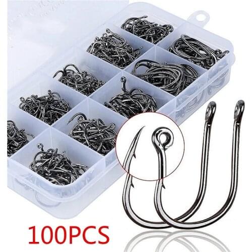 100Pcs/box 10Sizes Steel Fishing Jig Hooks with Hole Fishhooks 3# - 12# Barbed Carp Hooks Sea Tackle Accessories
