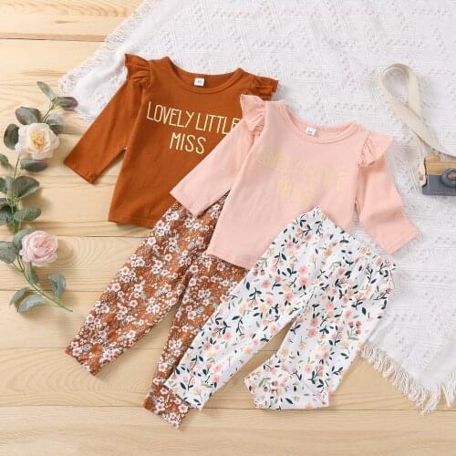 Lioraitiin 1-6Years Toddler Baby Girl 2Pcs Kids Autumn Tracksuit Letters Print Long Sleeves T-Shirt Floral Elastic Waist Pants