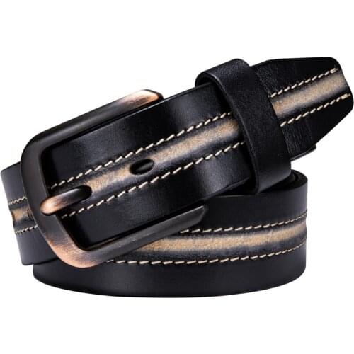 2019 New Contrast Leather Belt for Men Cowhide Waist Belt with Pin Buckle Retro Single Prong Buckle Holes Strap for Jeans Pants