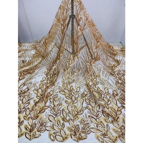 5yards/pc) High quality gold African sequins net lace wonderful embroidered French lace fabric for wedding party dress FJL031