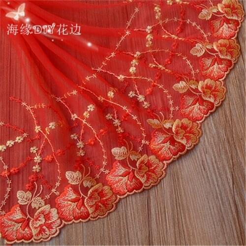 5yds Red Gold Embroidery Flower Applique Lace Bridal Dress Sewing Trims Doll Clothes Decoration skirt Mesh 24cm LC0130