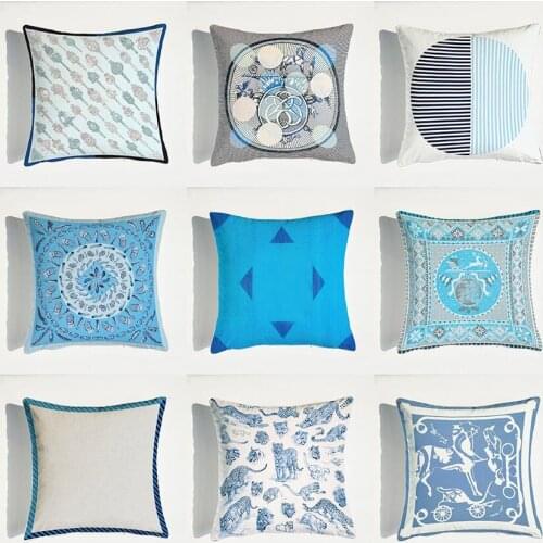 Velvet Fabric Duplex Printing Luxury Blue Style Home Sofa Cushion Cover Pillowcase Without Core Living Room Bedroom Cushion 45cm