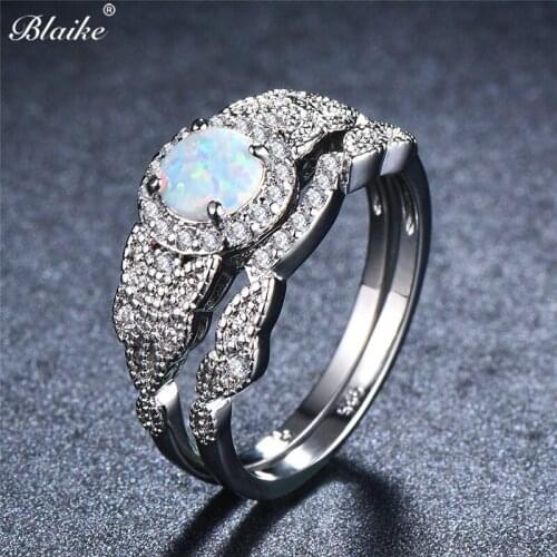 Blaike Round White Fire Opal Ring Sets Inlay Cubic Zirconia Double Rings For Women Silver Color Birthstone Jewelry