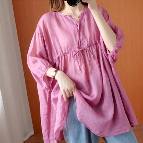 Loose blouse women plus size solid pullover tops three quarters sleeved lace up casual cotton shirts clothes blusas de mujer