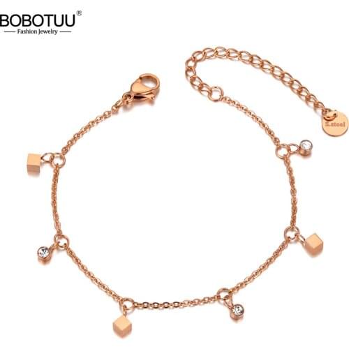 BOBOTUU Rose Gold Stainless Steel Square Charm Bracelets Bangle For Women Bohemia CZ Crystal Chain Link Beach Bracelet BB20036