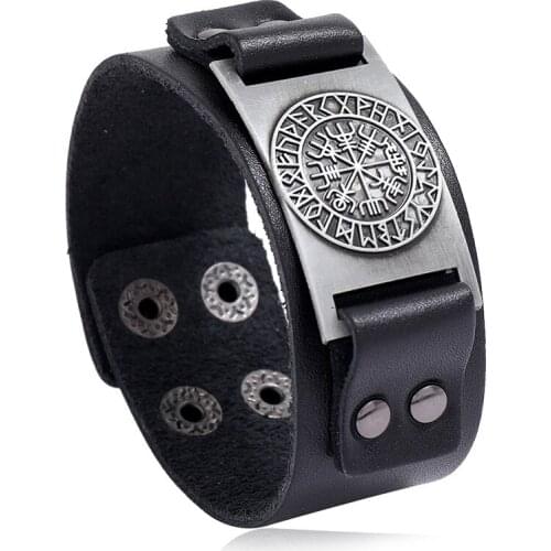Round Compass Pattern Alloy Charms Bracelet Jewelry Flat Genuine Leather Cuff Bangle Punk Men Jewelry Gift Men Women