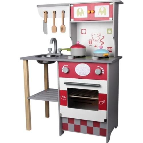 Childrens Wooden Kitchen Play House Toy Rose Red European Kitchen Simulation Home Puzzle Toys