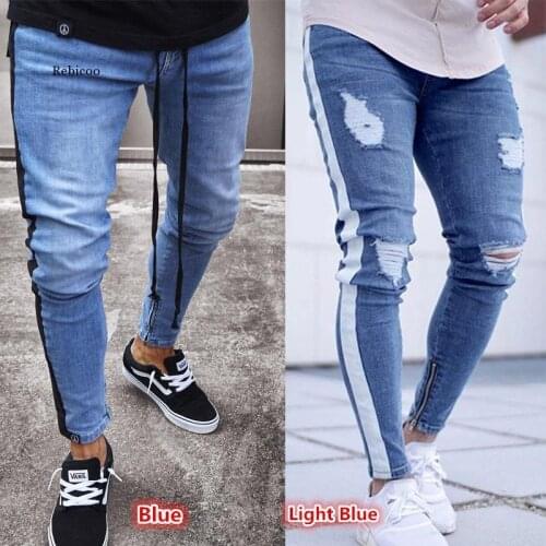 Skinny ripped jeans men Pants Pencil Biker Side Striped Jeans Destroyed Hole Hip Hop Slim Fit Man Scratched Jean Hombre Pantalon