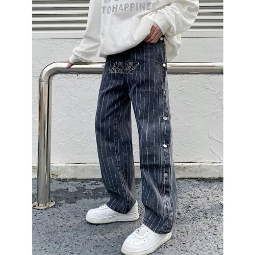 Striped jeans mens and womens embroidered letters loose hip hop hiphop high waist breasted 2021 new trend