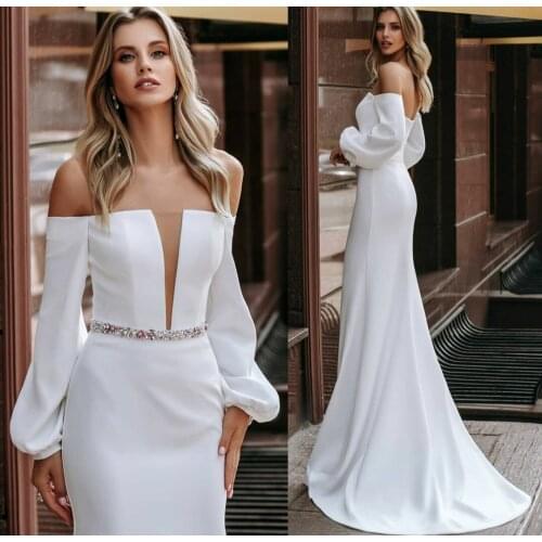 Elegant Long Satin Boat Neck Wedding Dresses with Beaded Belt Corset Back Mermaid Robes De Mariée Bridal Gown For Women