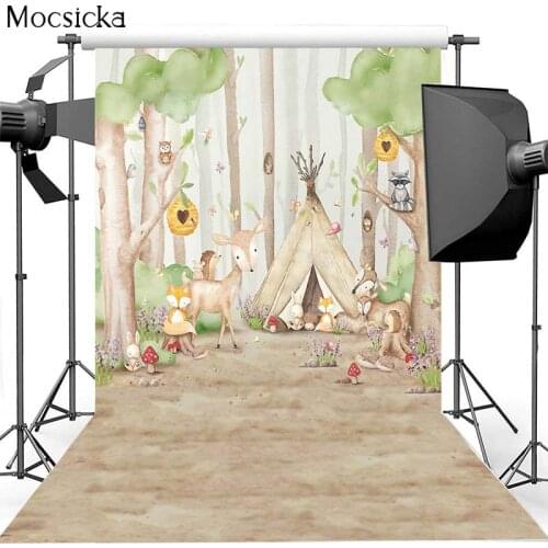 Mocsicka Forest Animals Photography Background Fawn Fox Tent Pine Big Tree Backdrop Child Portrait Photo Decoration Props Studio