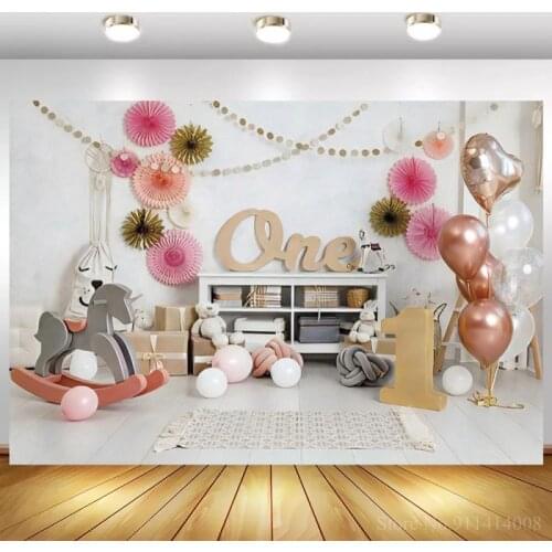 1st Birthday Background for Photography Pink Balloons Newborn Baby Photographic Studio Photo Backdrop Wooden Horse Decor Props