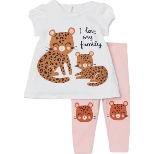 2021 Summer New Toddler Girl Clothes Casual Cotton Pink Cat Letter Children Set Animal T Shirt + Pink Animal Print Pants 20718