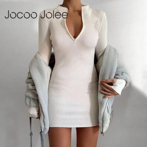 Jocoo Jolee Autumn Spring Stretch Slim Soft Ribbed Knitted Turtleneck Dress Woman 2021 Casual Solid Black Bodycon Zip Dress