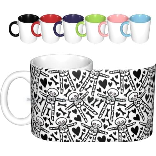 Skeletons With Pink Eyes , Black Hearts And Bones Pattern Ceramic Mugs Coffee Cups Milk Tea Mug Skeletons Skulls Hearts Bones